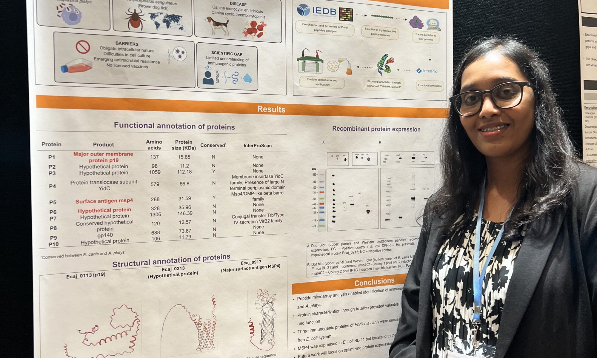 Woman standing next to scientific poster