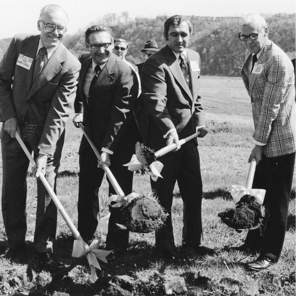April 3, 1976 Groundbreaking ceremony for new veterinary building. From left: Dr. William Armistead, dean; Dr. Ed Boling, UT  president; Gov. Ray Blanton; D. Jack Reese, UTK chancellor
