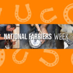 Farrier week banner with drawings of horseshoes surrounding pictures of a hoof and a farrier working.