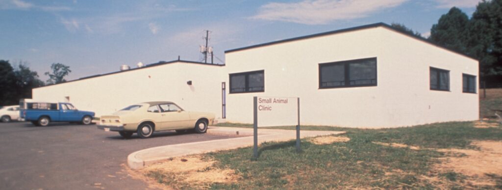 The white buildings that served as a temporary small animal clinic while the veterinary building was being constructed.