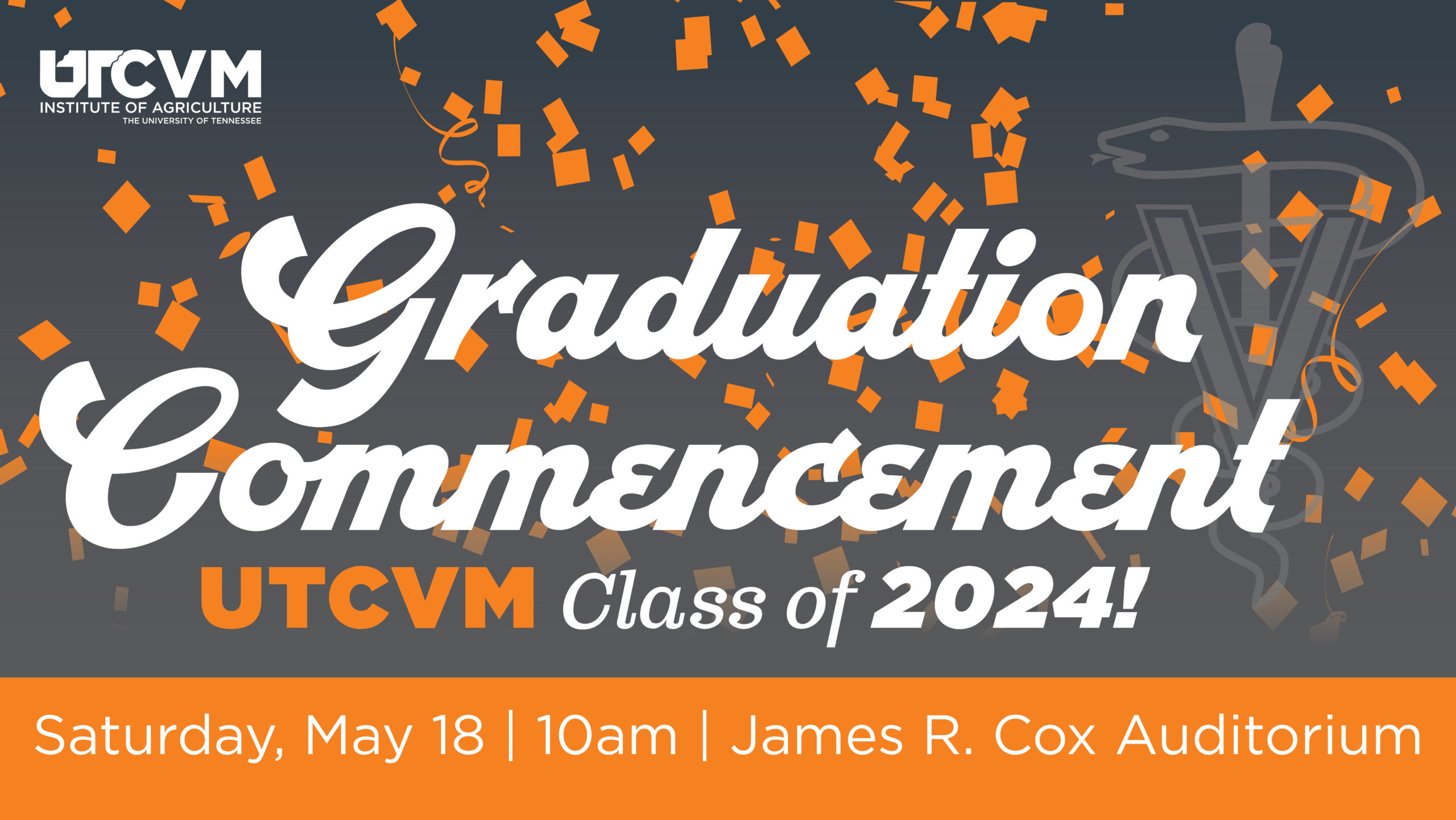 Gray, orange, and white banner that says Graduation and Commencement for the Class of 2024