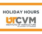 Graphic that says holiday hours and includes the UTCVM orange and gray logo