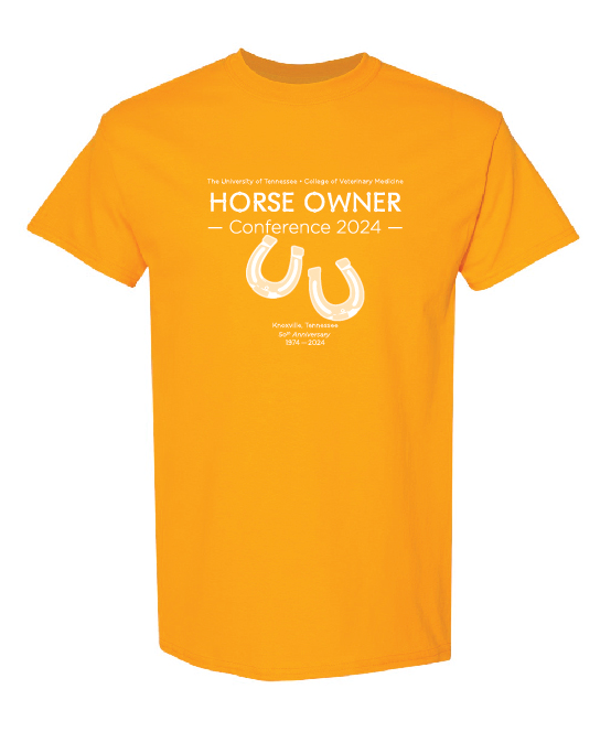 Orange t-shirt with white horse hooves on it