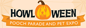 Howloween orange and black graphic with outline of doghead in a pumpkin