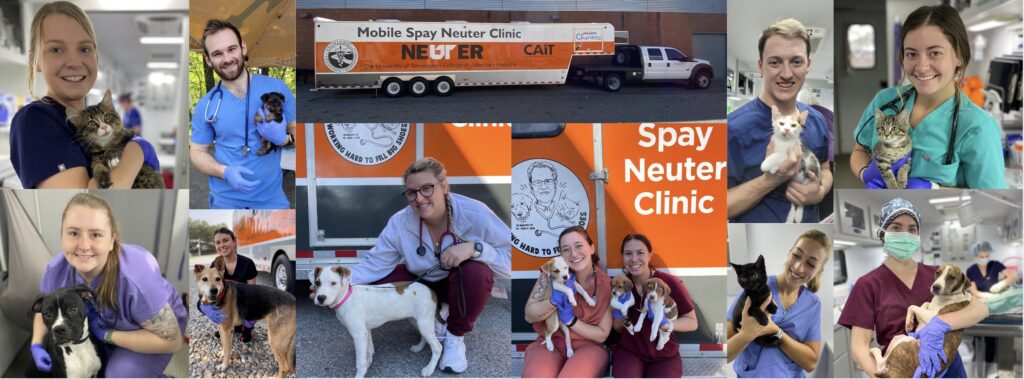 A collage of Veterinary students holding puppies and kittens also the mobile spay neuter clinic trailer and truck.