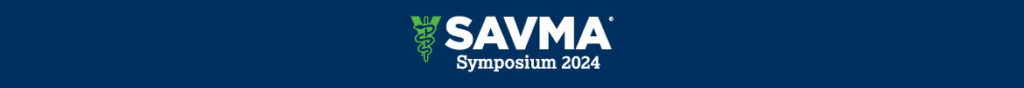 Blue, green and white logo for the SAVMA Symposium. Includes the veterinary caduceus