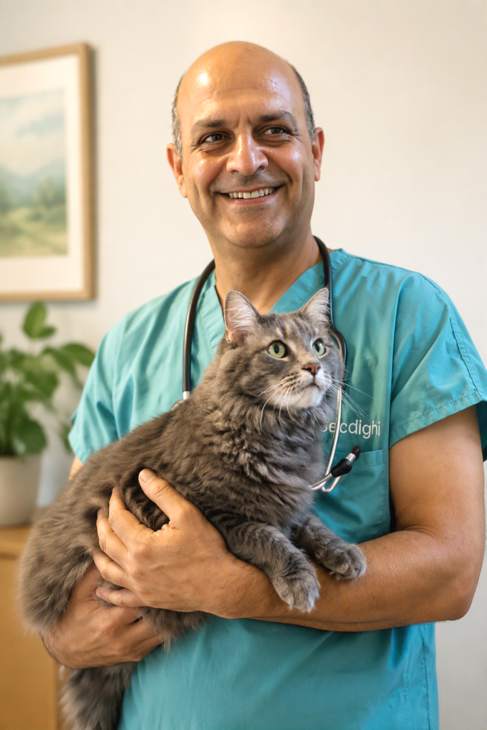 Dr. Reza Seddighi holds a gray cat while wearing green scrubs
