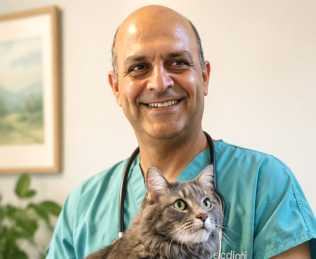 Dr. Reza Seddighi holds a gray cat while wearing green scrubs