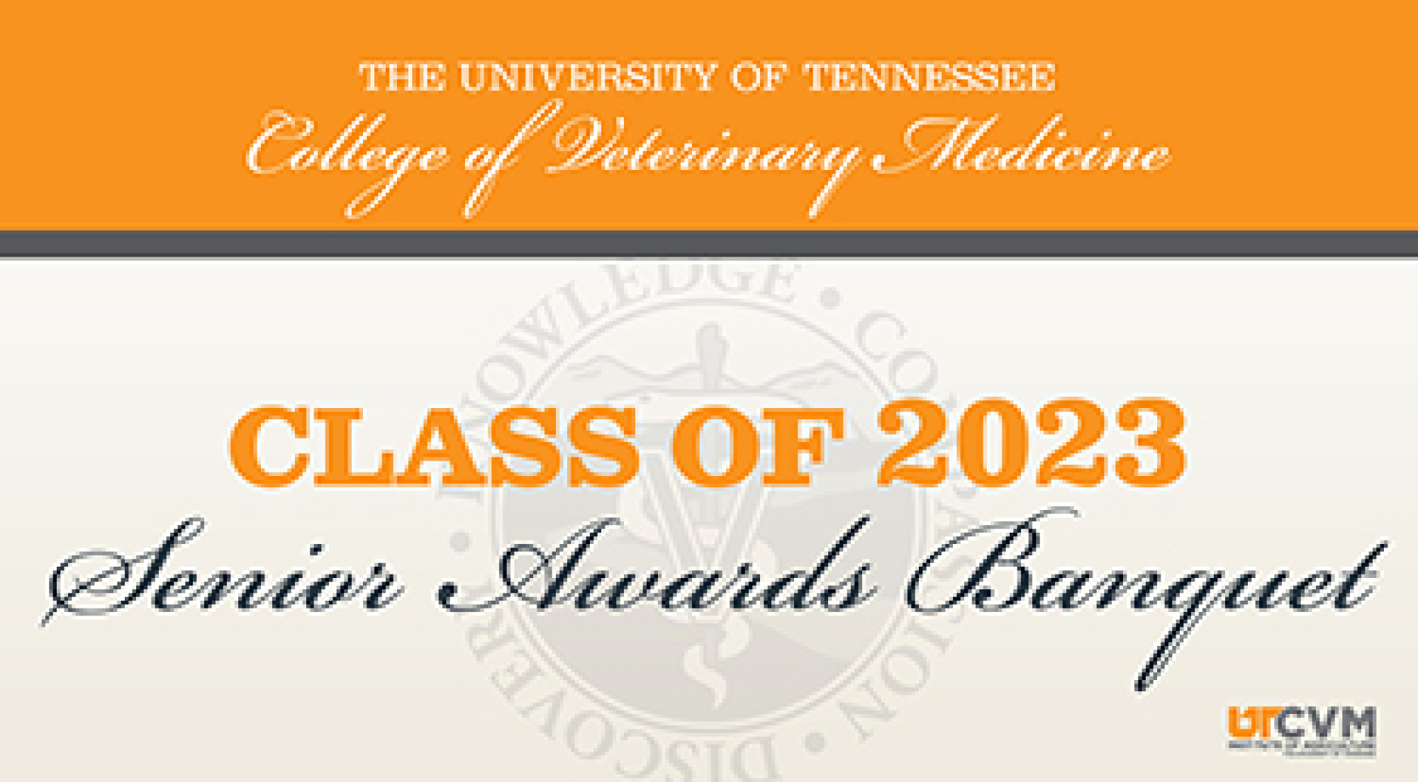Orange and white and gray graphic with Class of 2023 Senior Awards Banquet
