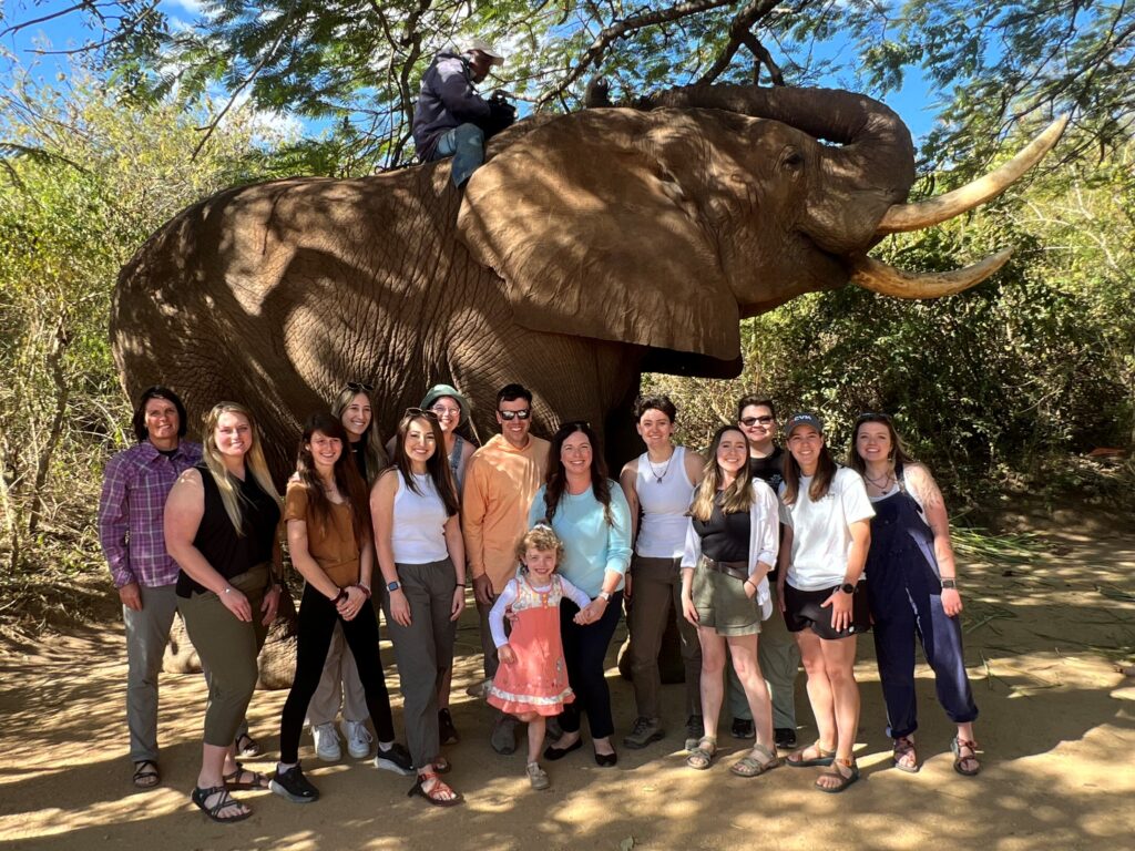 Tembo group picture with an elephant in the back ground