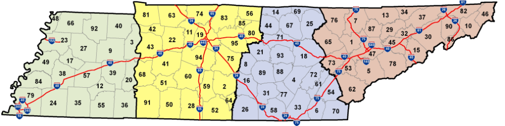 Tennessee County Map with Counties highlighted and Interstate System.