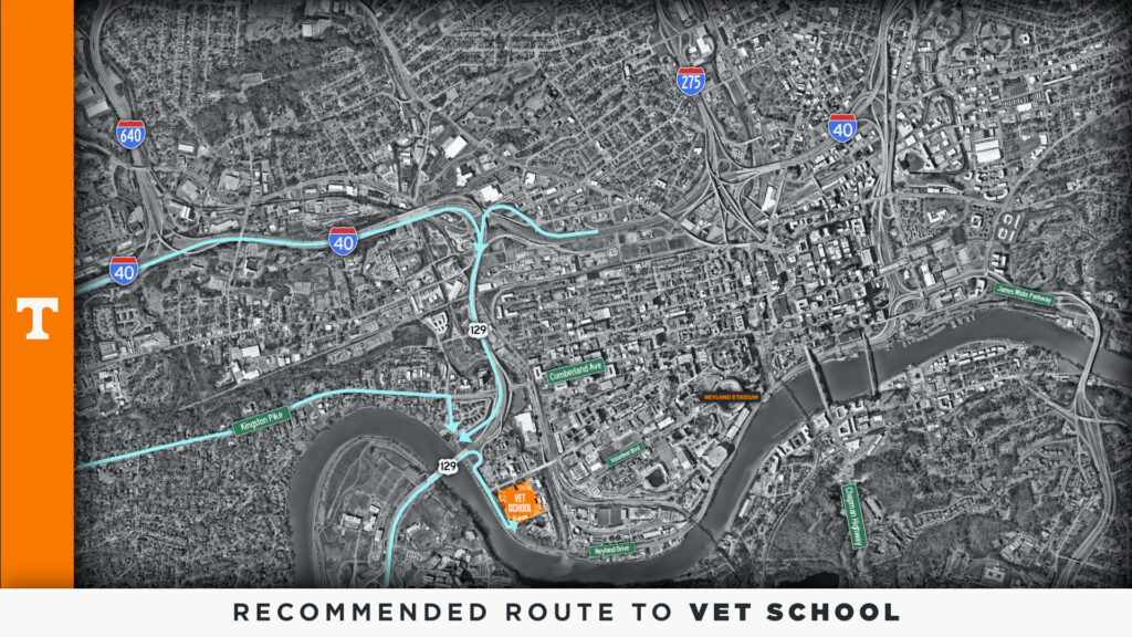 A map showing road access to the Vet School for Game Days.