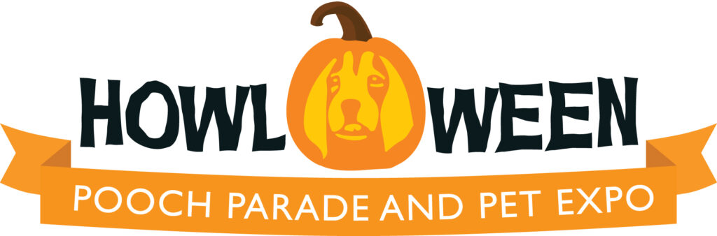 orange and white Howloween logo with a pumpkin with a dog face in the middle