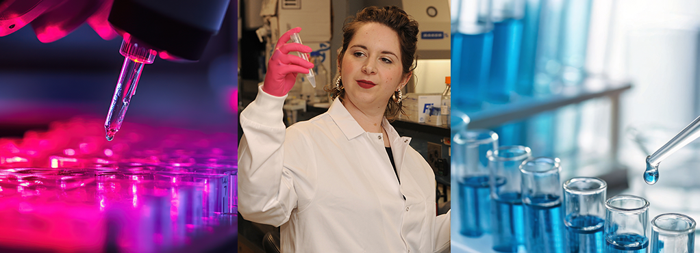 Jacquline Risalvato working with centrifuge and a pipette dropping blue liquid into test and a pipette dropping liquid highlighted in red.